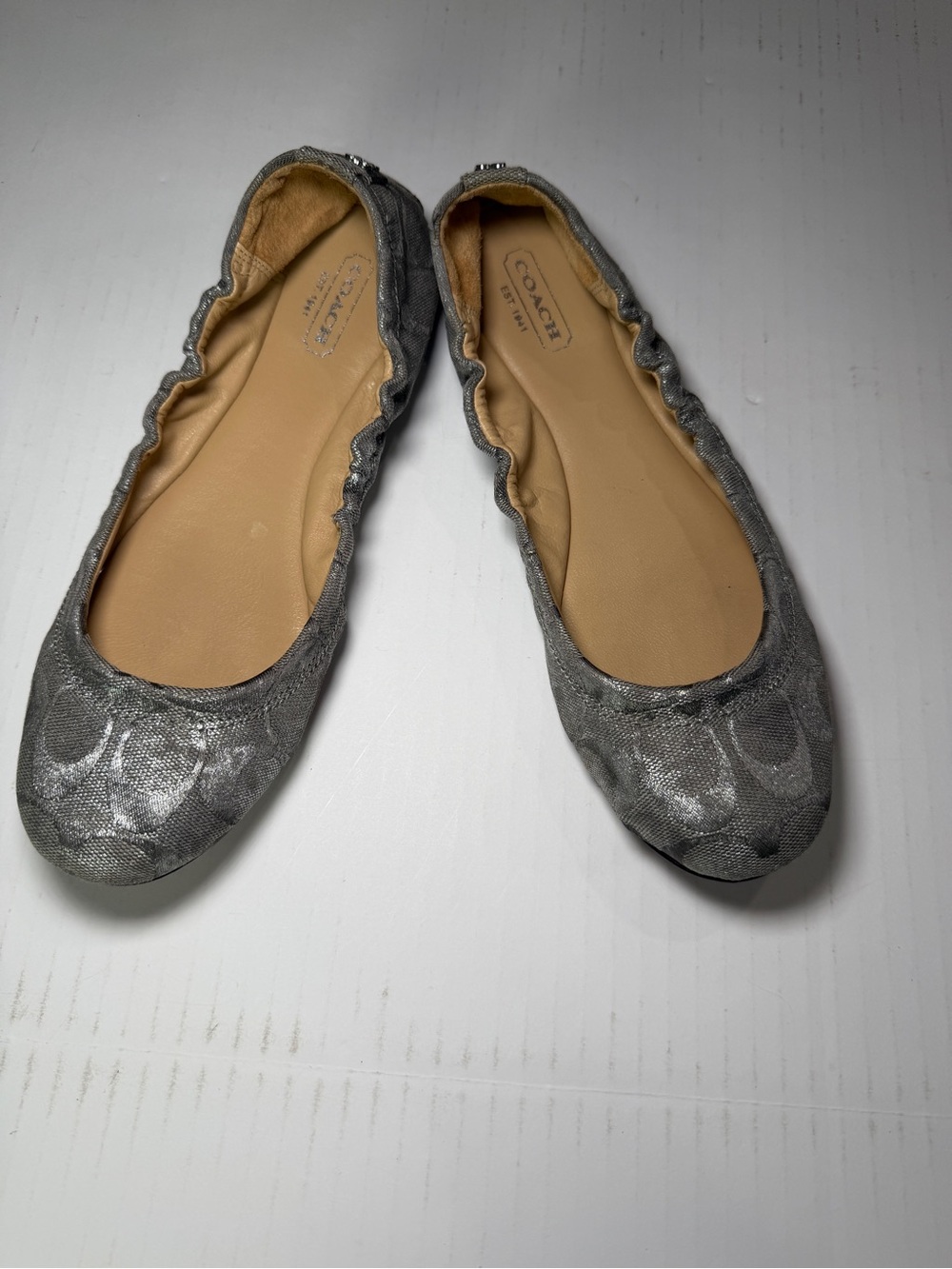 Coach Metallic Silver Signature Ballet Flats - Women's Slip-Ons